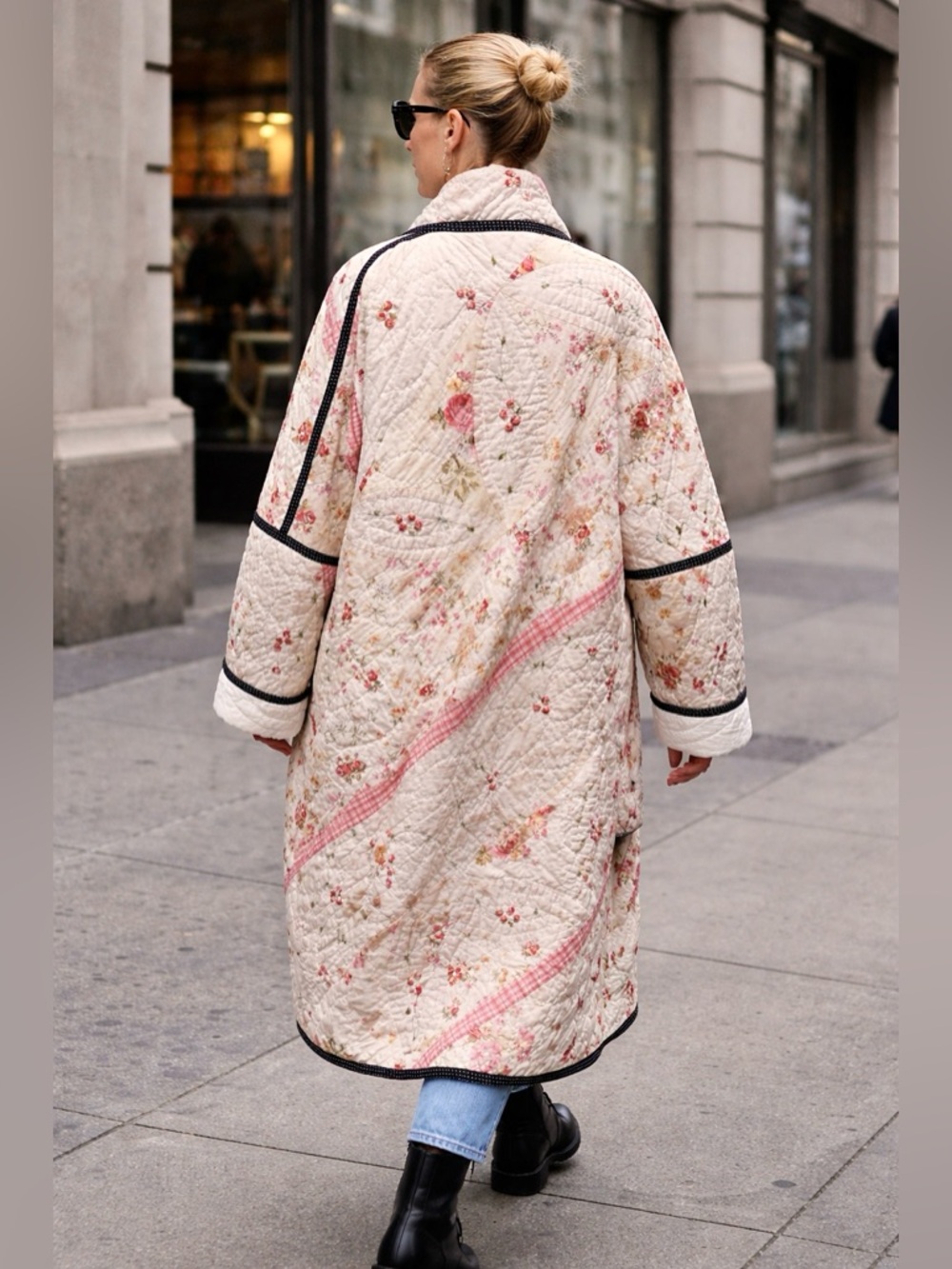 💗SOLD💗 HANDMADE Quilted Floral and Patchwork Long Coat in Cream and Pink O/S - Picture 3 of 16